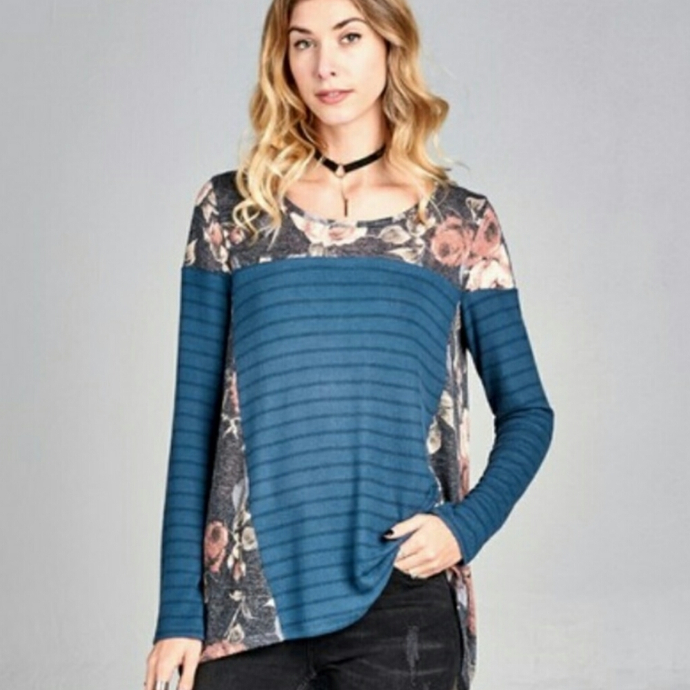 Oddy Floral & Striped Brushed Hachi Long Sleeve Top